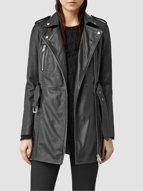 All Saints Whitmer  leather biker jacket trench coat with NO belt. Sz 2